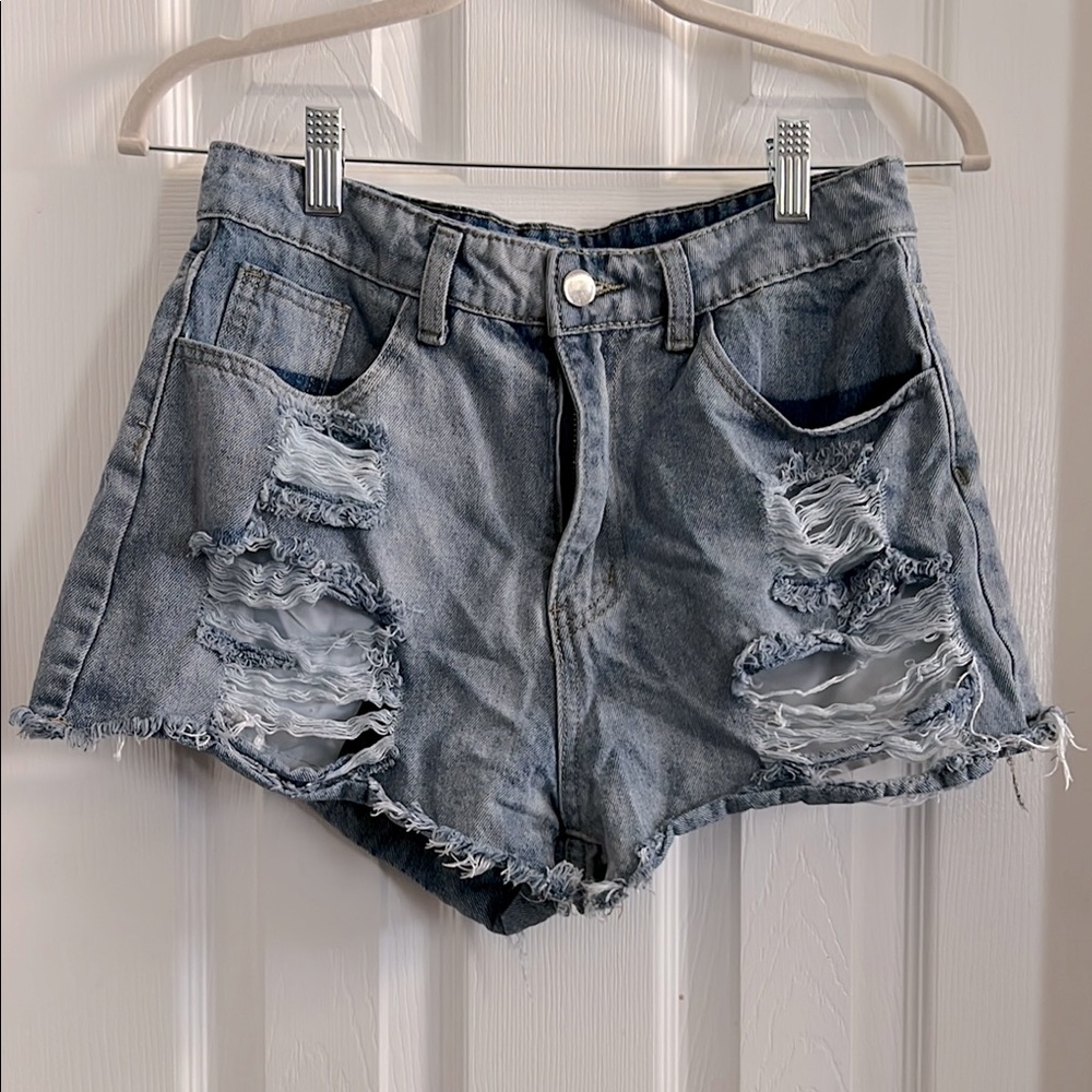 Romwe S denim shorts short distressed 5 pocket 11” rise blue wash